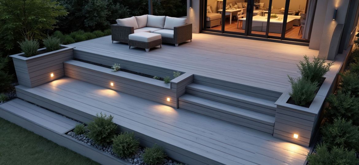 Modern multi-level composite decking in ash grey with subtle deck lights for contemporary garden landscape design at dusk. Outdoor sofa furniture on wooden patio.