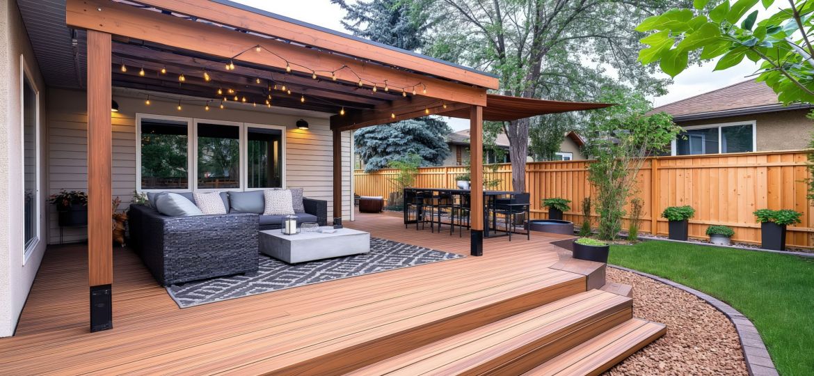 A neatly staged outdoor deck renovation with fresh staining and modern outdoor furniture under a newly installed pergola.