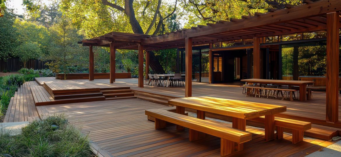 Designed for gatherings, this wooden deck features an attached pergola and benches.